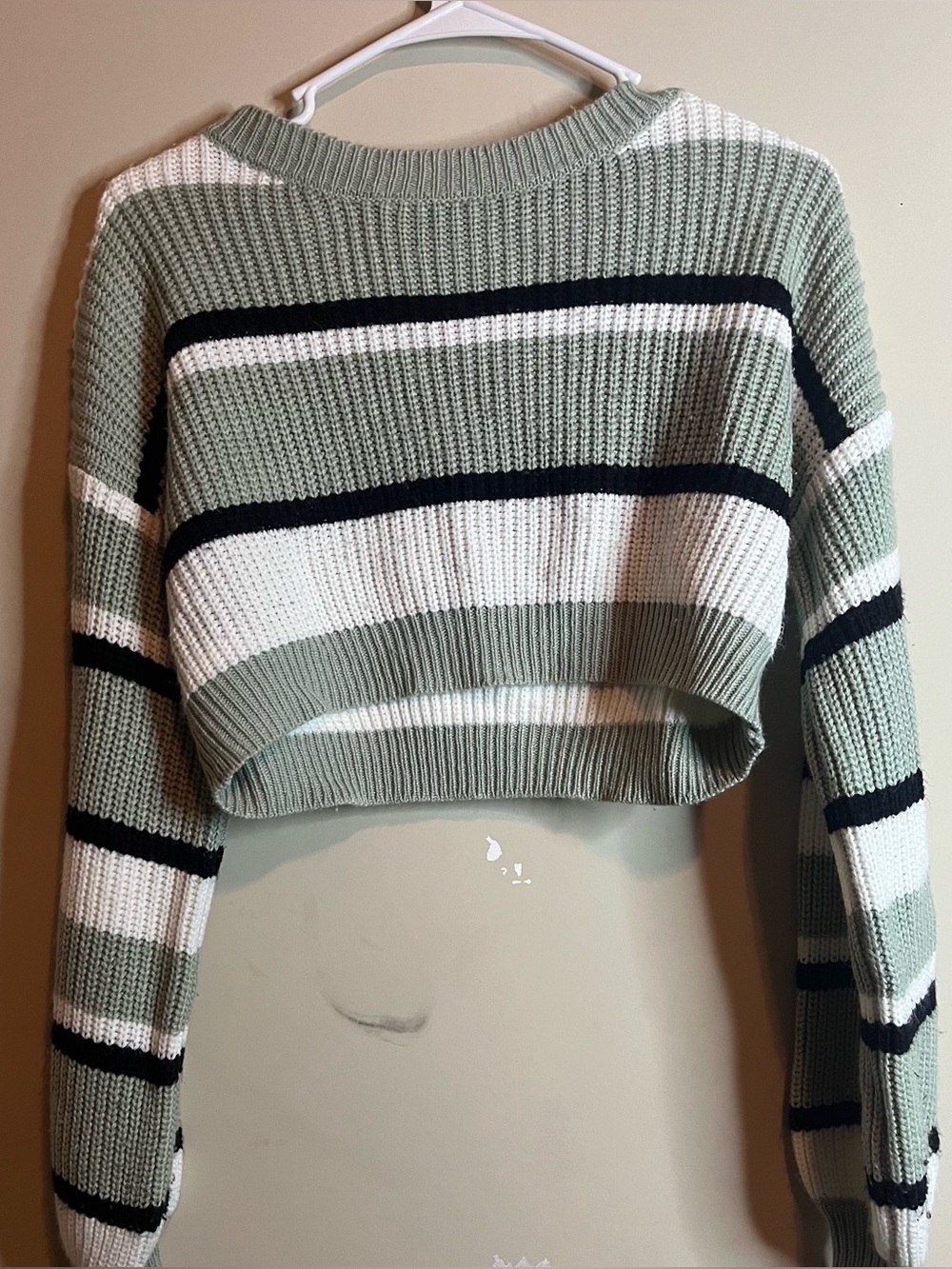 SHEIN Sage Green, White & Black Striped Cropped Sweater